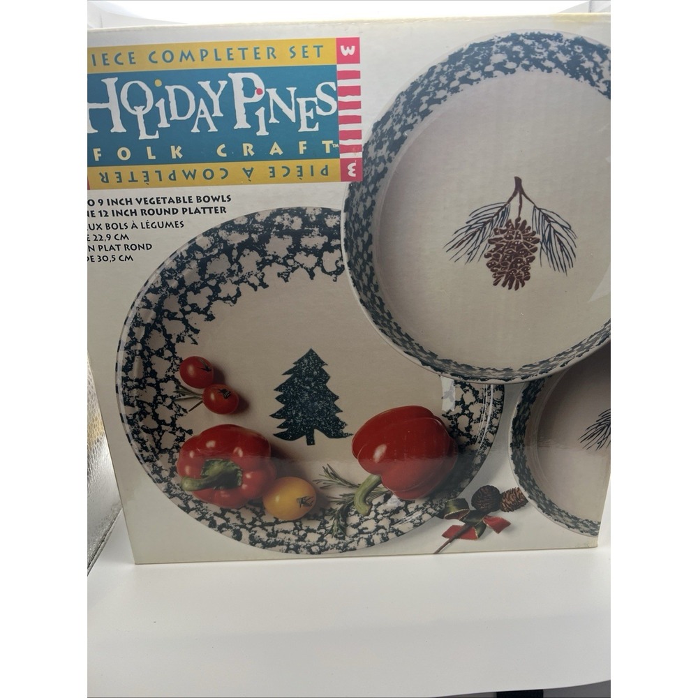 3pc Folkcraft Holiday Pines Chop Plate (Platter) 2 Serving Bowls Pinecone, Box - Picture 2 of 4